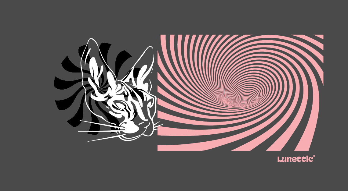Gato sphynx em contorno branco sobre carvão, ao lado de uma espiral rosa hipnótica